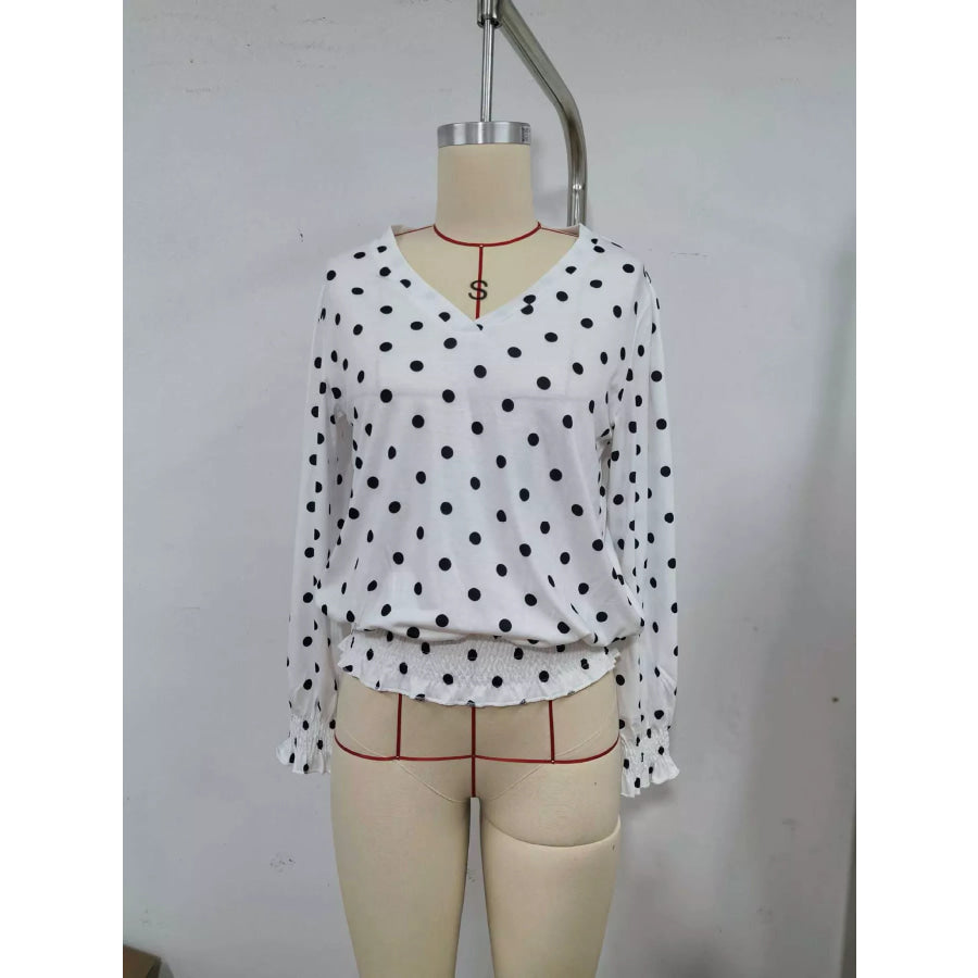 Polka Dot V-Neck Smocked Blouse Apparel and Accessories