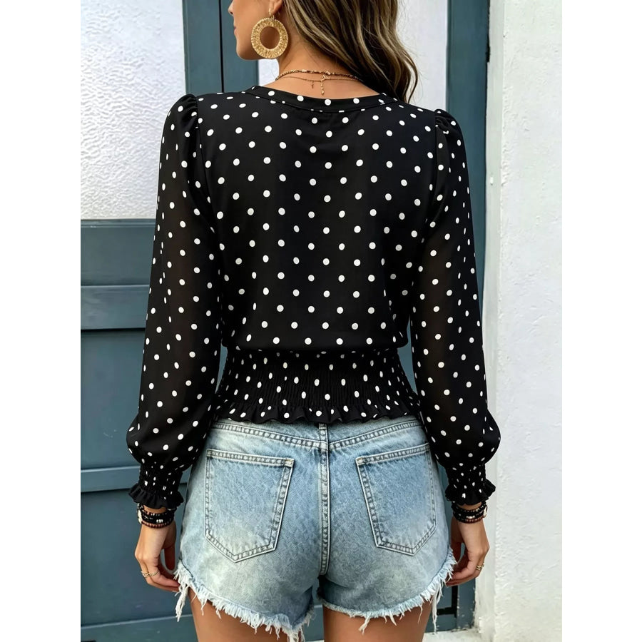 Polka Dot V-Neck Smocked Blouse Apparel and Accessories