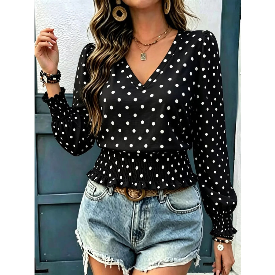Polka Dot V-Neck Smocked Blouse Black / S Apparel and Accessories