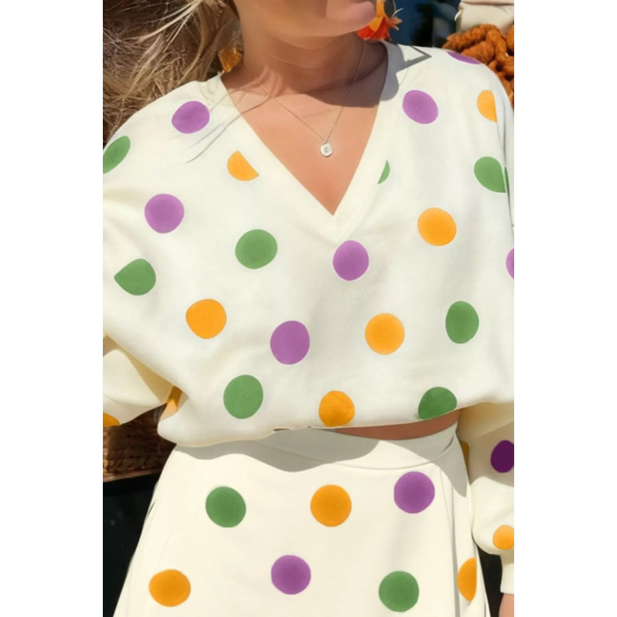 Polka Dot V-Neck Top and Skirt Set Apparel and Accessories