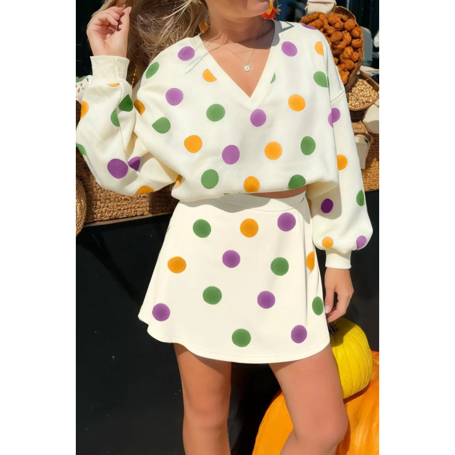 Polka Dot V-Neck Top and Skirt Set Multicolor / S Apparel and Accessories