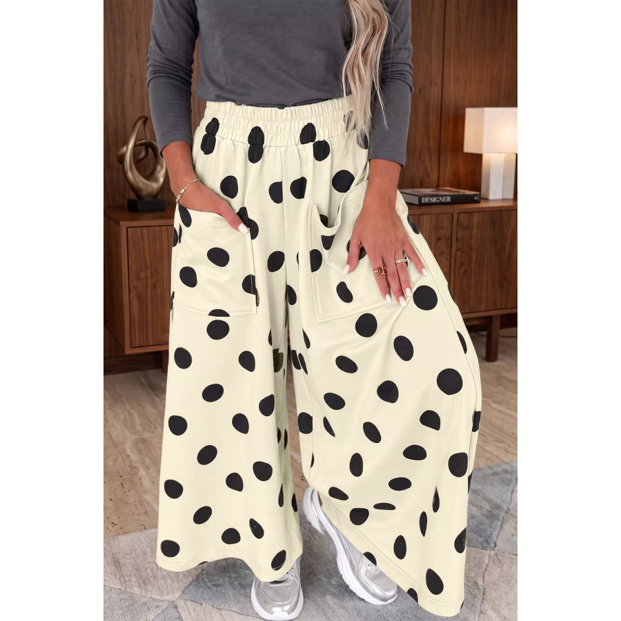 Polka Dot Wide Leg Elastic Waist Casual Pants Apparel and Accessories