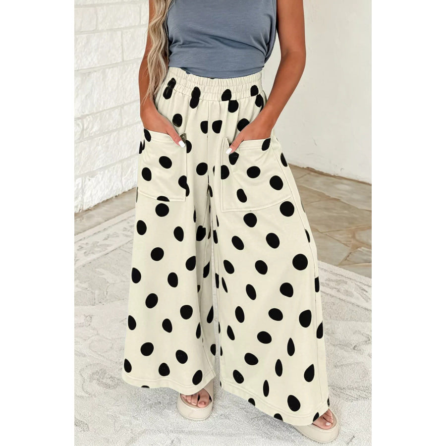 Polka Dot Wide Leg Elastic Waist Casual Pants Apparel and Accessories