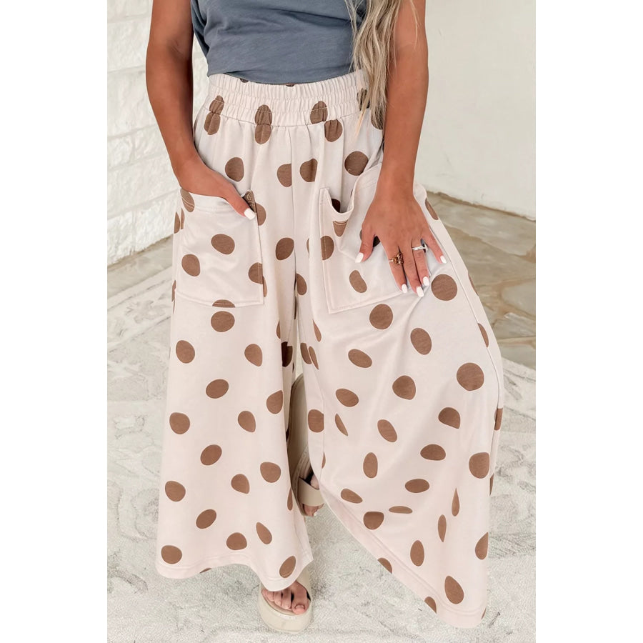 Polka Dot Wide Leg Elastic Waist Casual Pants Apparel and Accessories