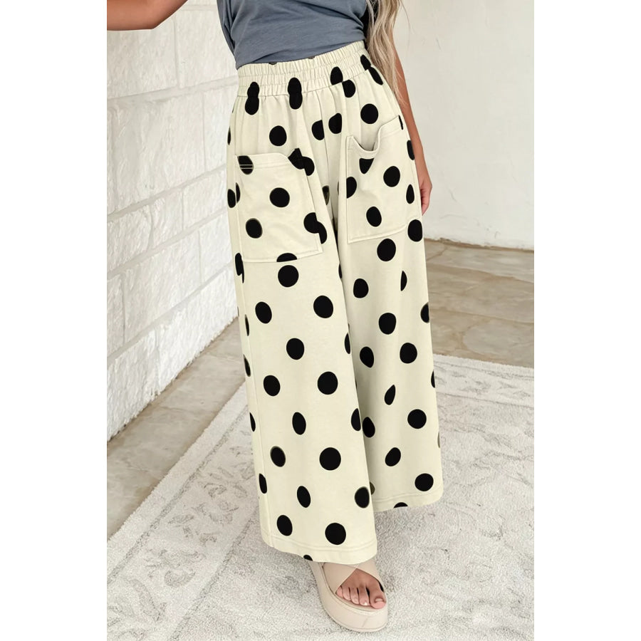Polka Dot Wide Leg Elastic Waist Casual Pants Apparel and Accessories