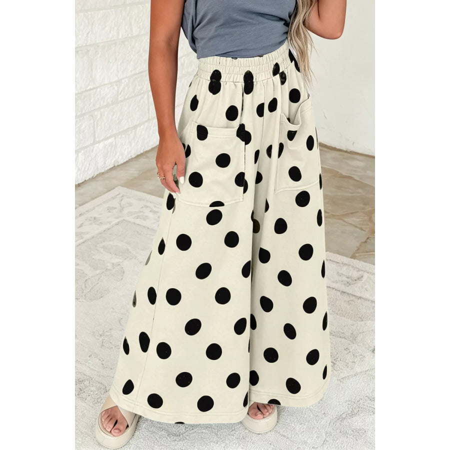 Polka Dot Wide Leg Elastic Waist Casual Pants Apparel and Accessories