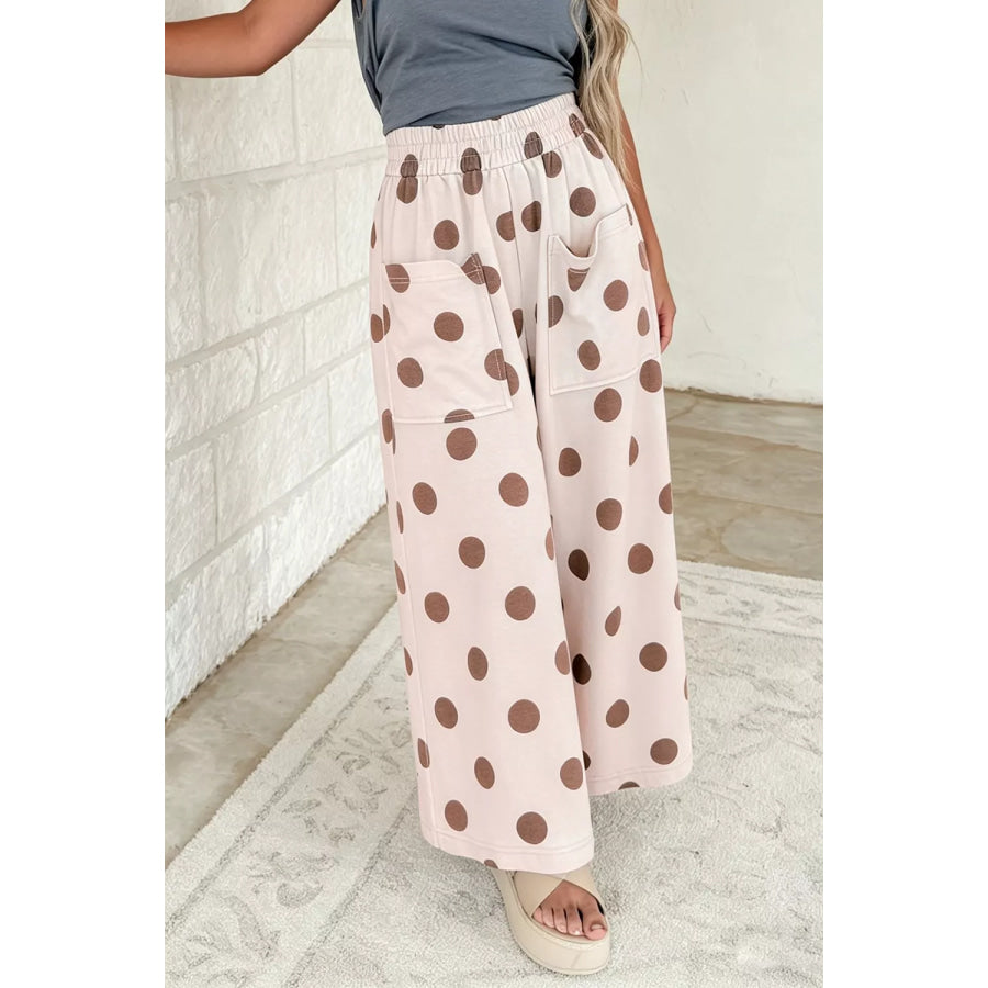 Polka Dot Wide Leg Elastic Waist Casual Pants Dust Storm / S Apparel and Accessories