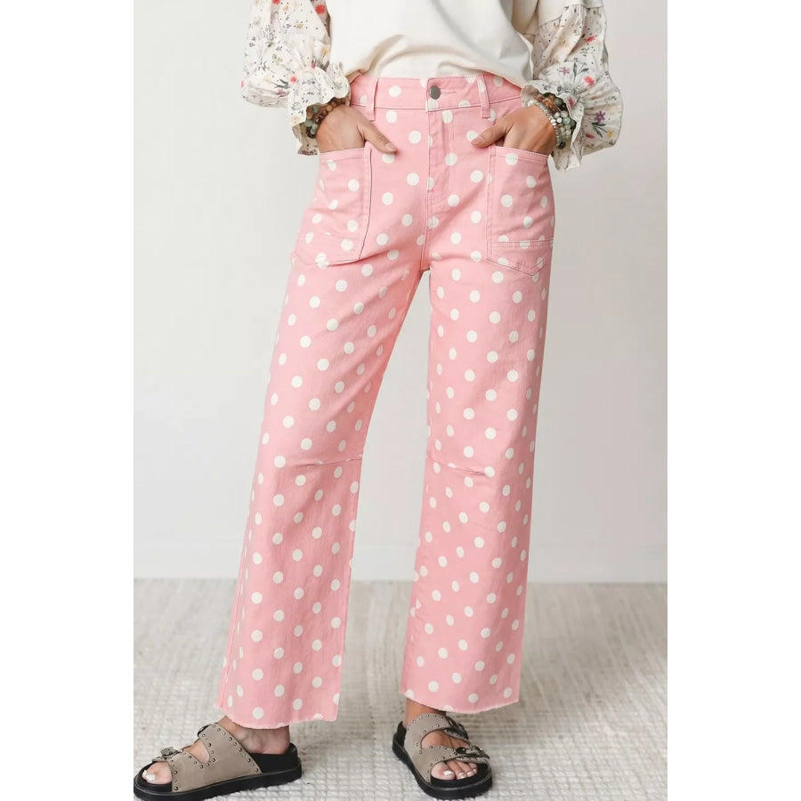 Polka Dot Wide Leg Jeans Blush Pink / 4 Apparel and Accessories