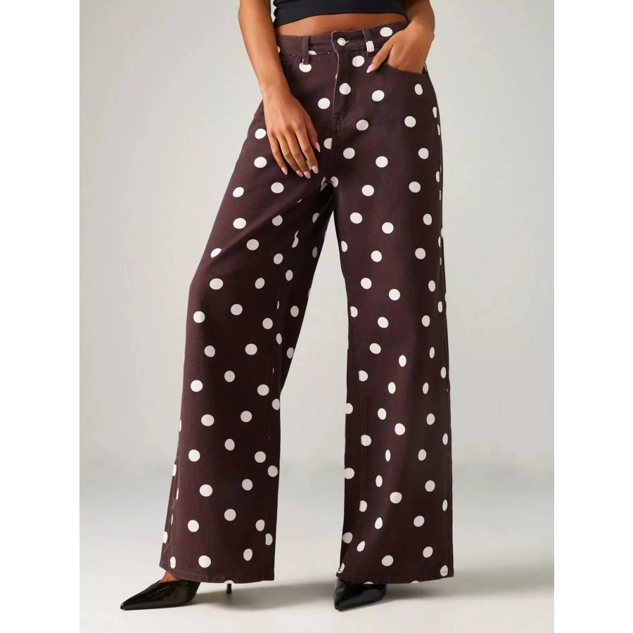 Polka Dot Wide-Leg Jeans Brown / S Apparel and Accessories