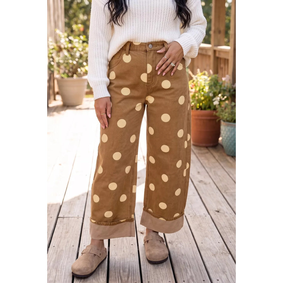 Polka Dot Wide Leg Jeans Caramel / 4 Apparel and Accessories