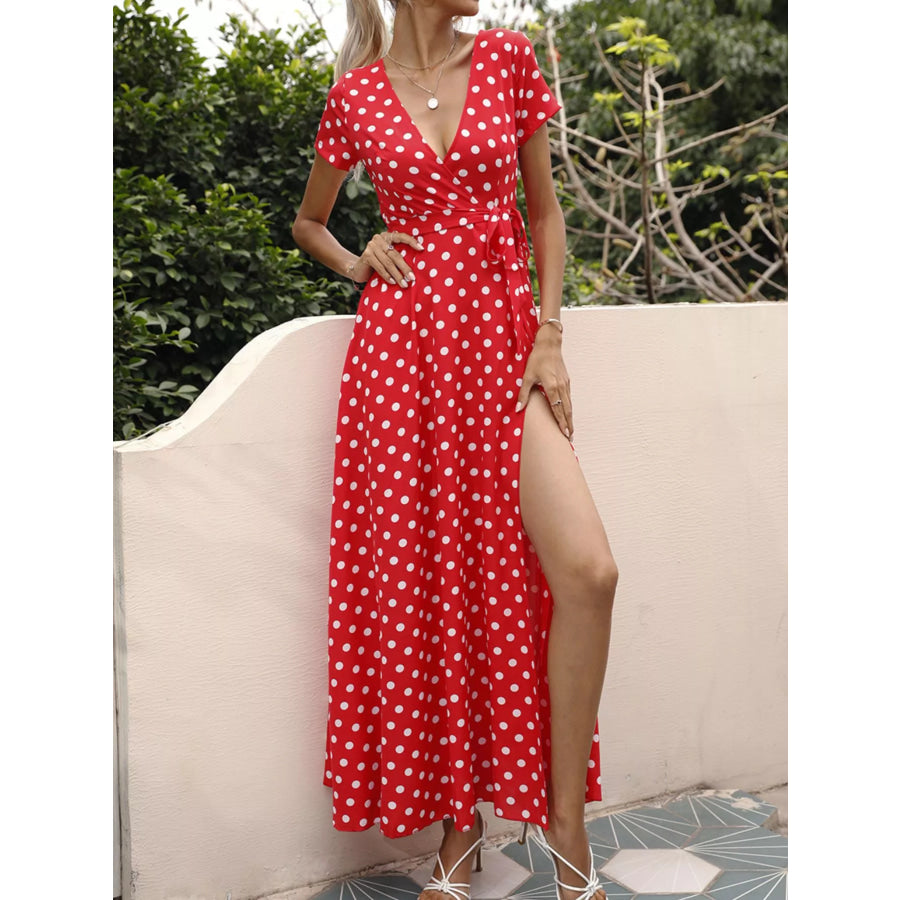 Polka Dot Wrap Maxi Dress Apparel and Accessories