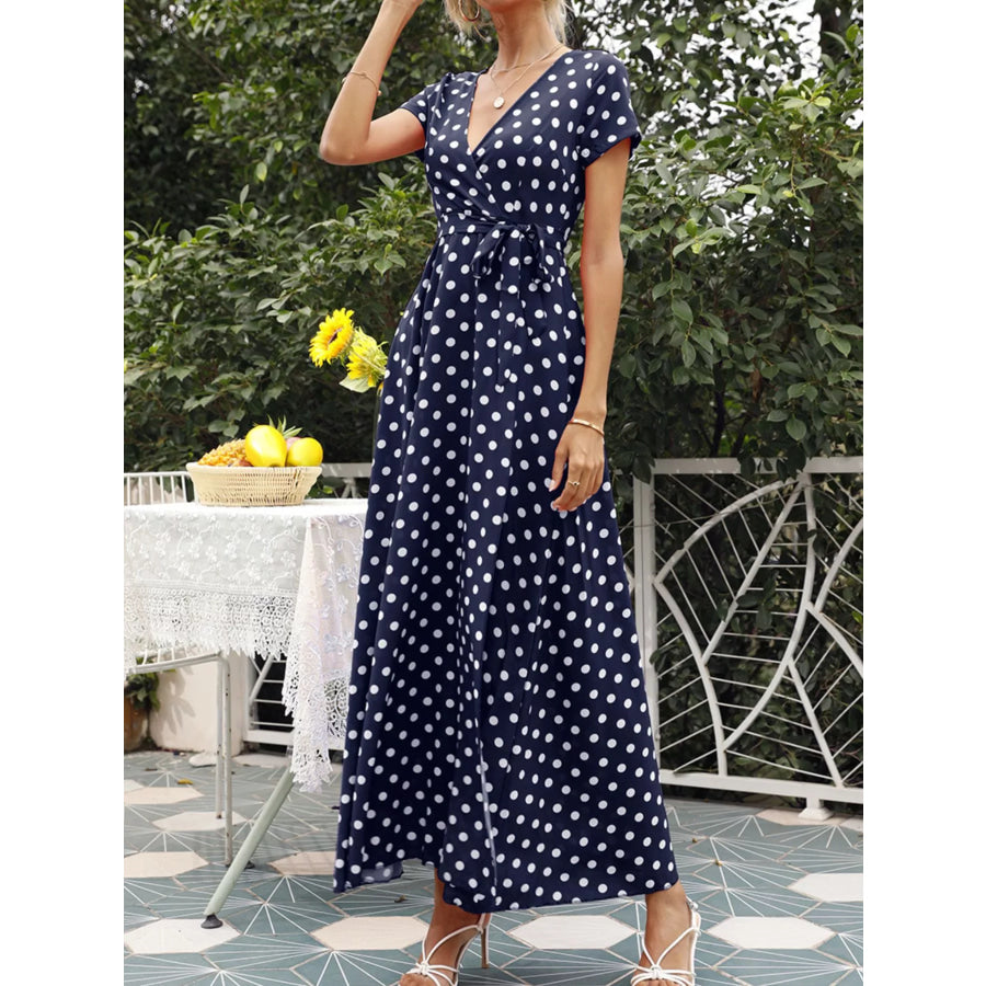 Polka Dot Wrap Maxi Dress Dark Navy / S Apparel and Accessories