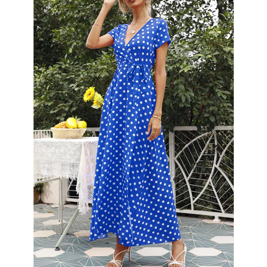 Polka Dot Wrap Maxi Dress Royal Blue / S Apparel and Accessories
