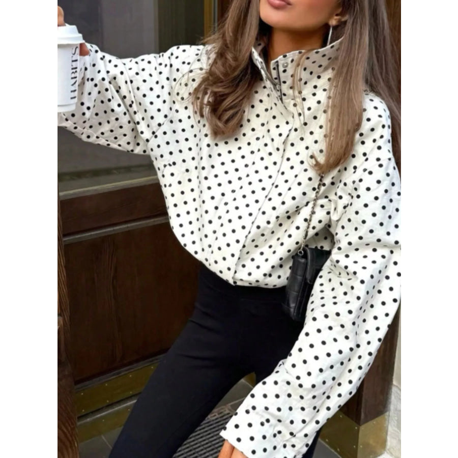 Polka Dot Zip Up Casual Jacket White / S Apparel and Accessories