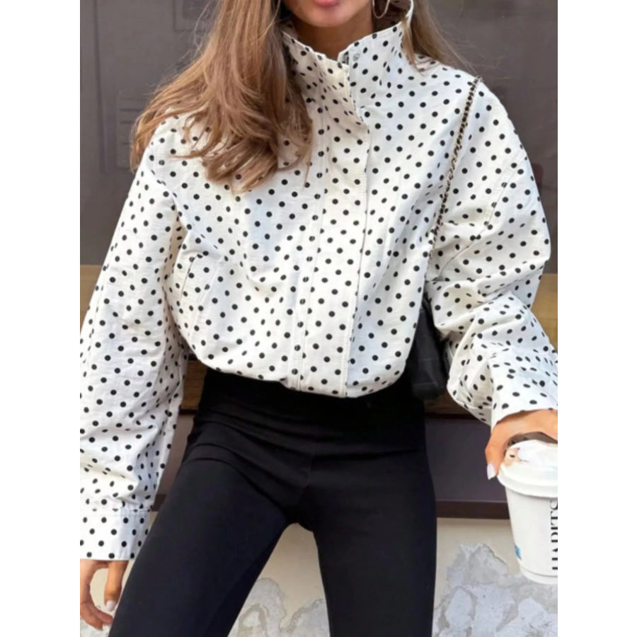 Polka Dot Zip Up Casual Jacket White / S Apparel and Accessories