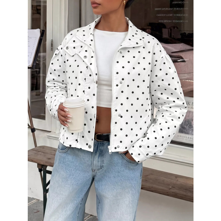 Polka Dot Zip Up Cropped Jacket White / S Apparel and Accessories