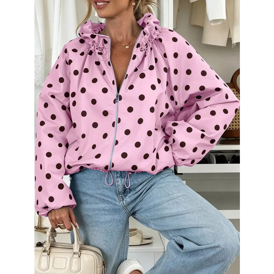 Polka Dot Zip Up Hooded Jacket Apparel and Accessories