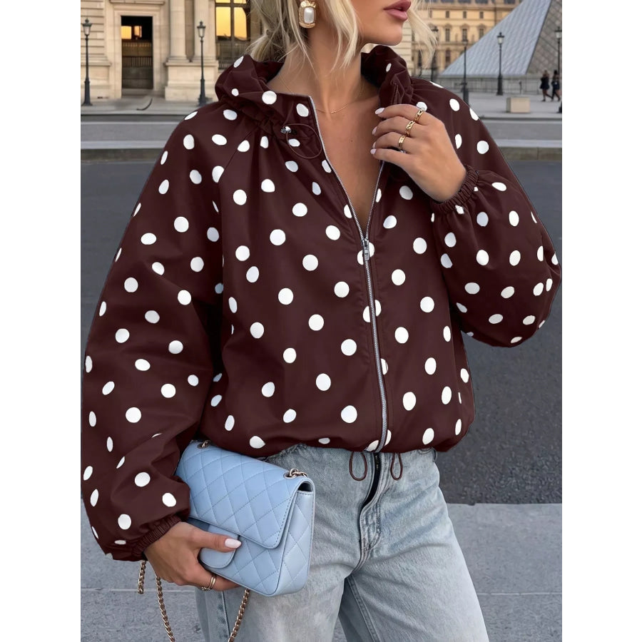Polka Dot Zip Up Hooded Jacket Brown / S Apparel and Accessories
