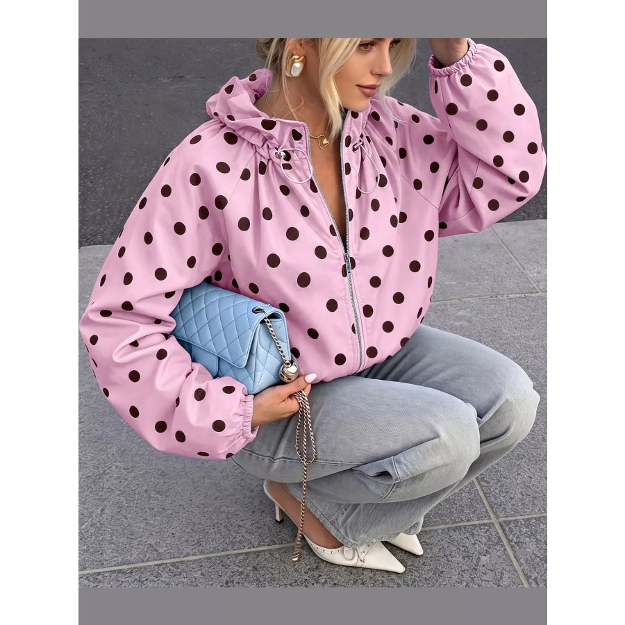 Polka Dot Zip Up Hooded Jacket Pink / S Apparel and Accessories