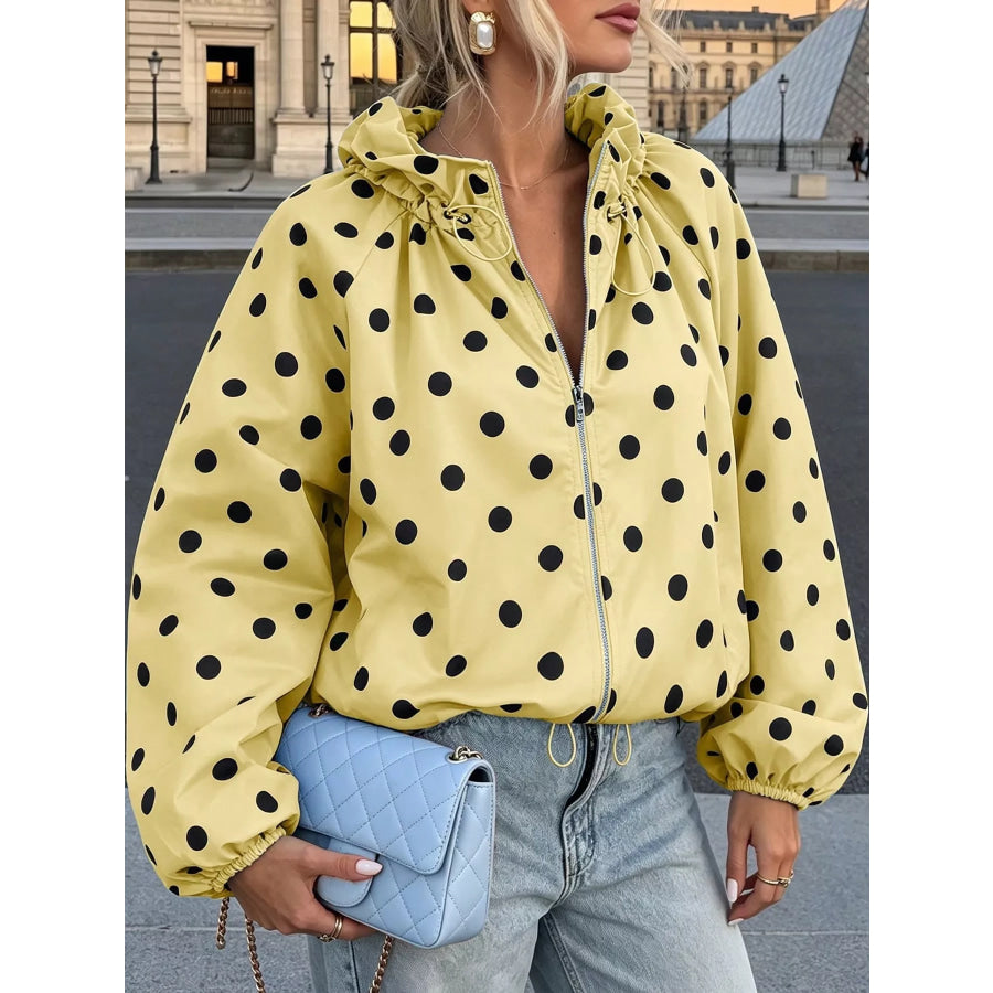 Polka Dot Zip Up Hooded Jacket Yellow / S Apparel and Accessories