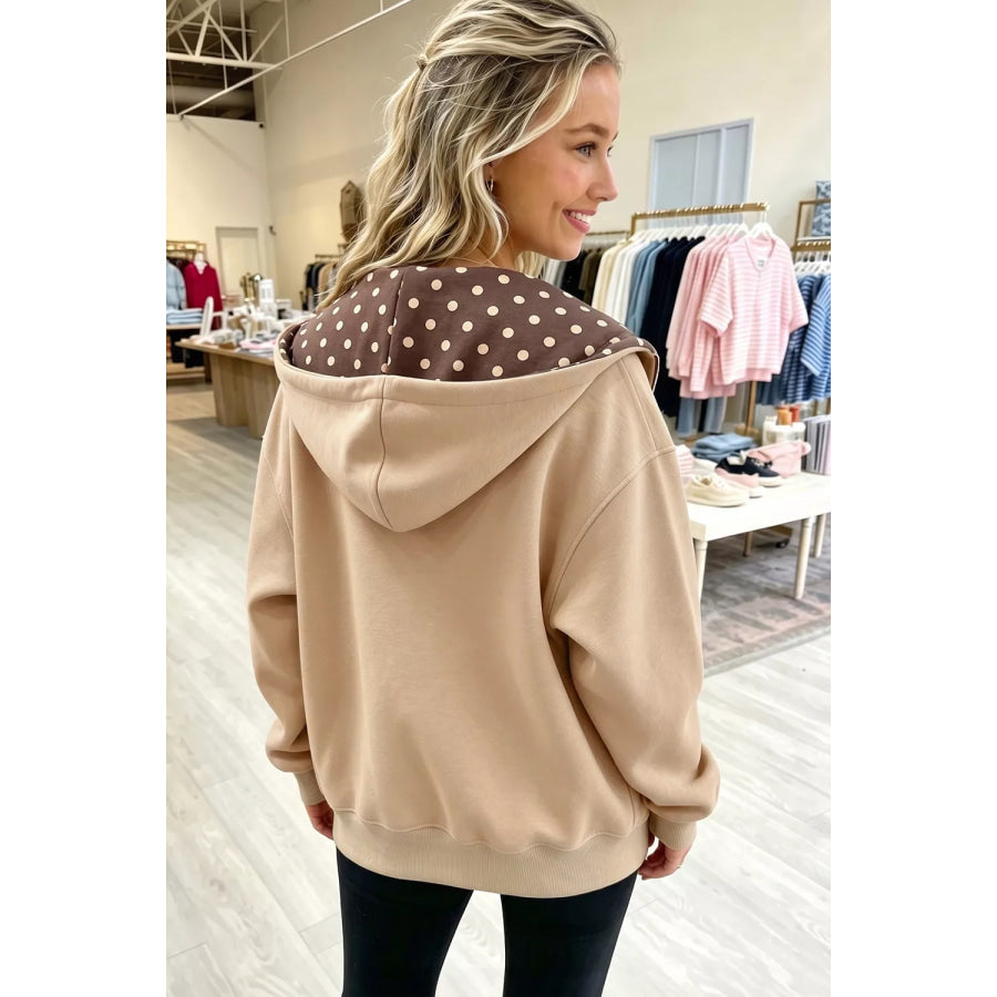 Polka Dot Zip-Up Hoodie Camel / S Apparel and Accessories