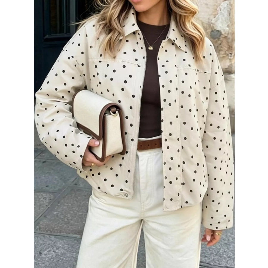 Polka Dot Zip Up Jacket Beige-Polka / XS Apparel and Accessories