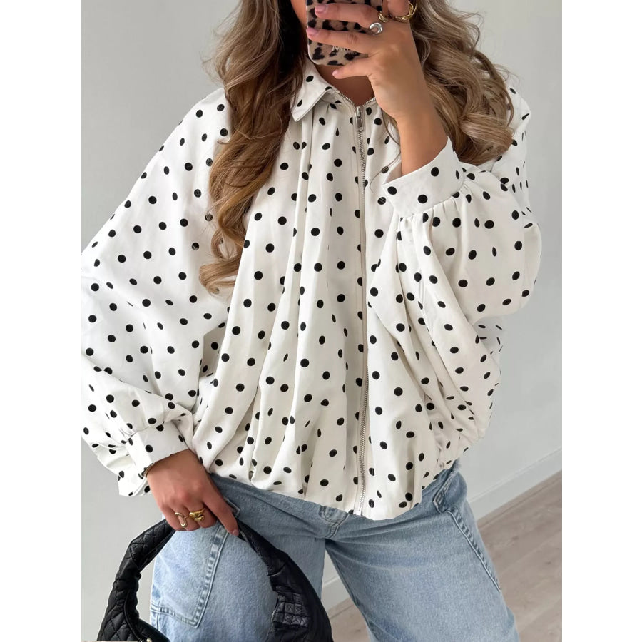 Polka Dot Zip-Up Jacket White / S Apparel and Accessories