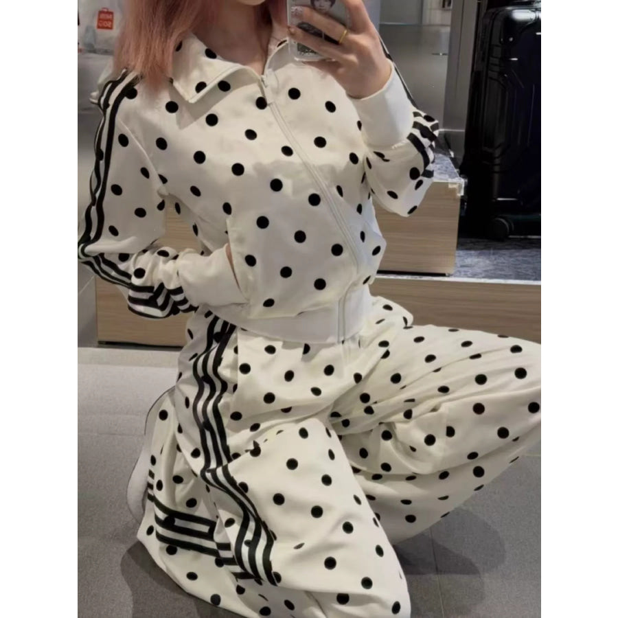 Polka Dot Zip Up Outerwear and Pants Set Apparel and Accessories