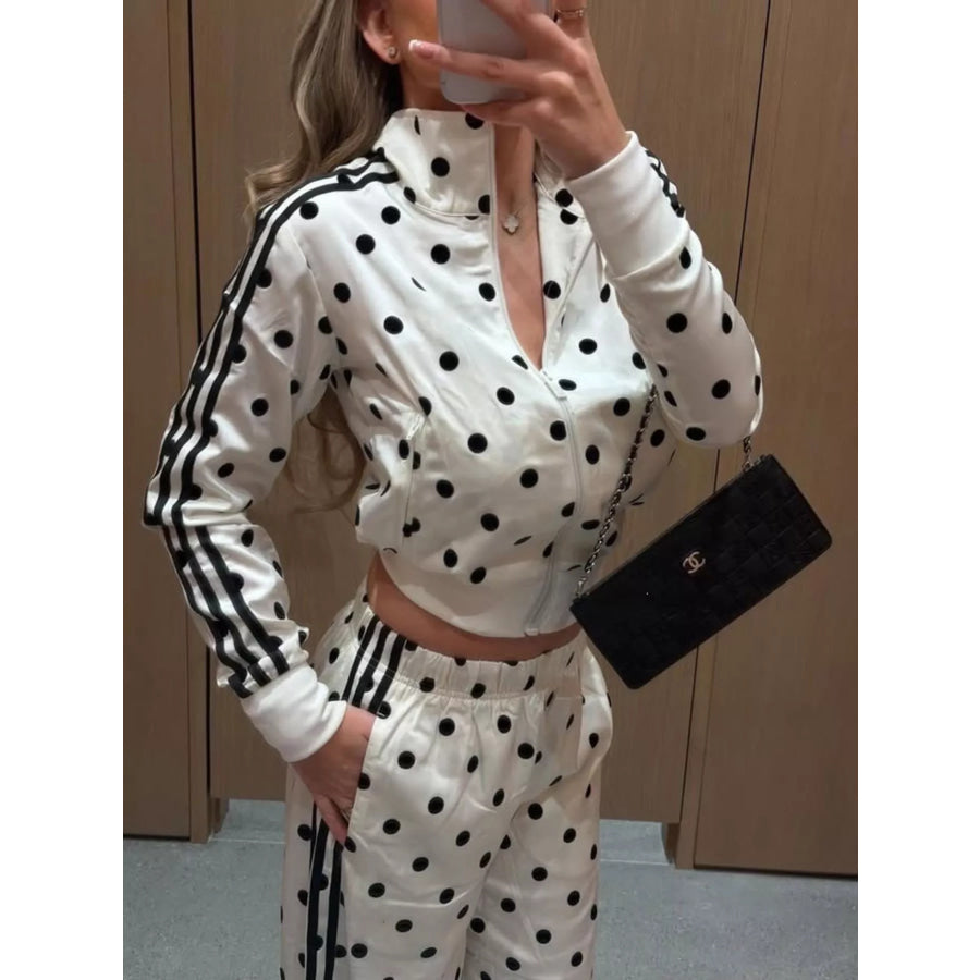 Polka Dot Zip Up Outerwear and Pants Set Apparel and Accessories