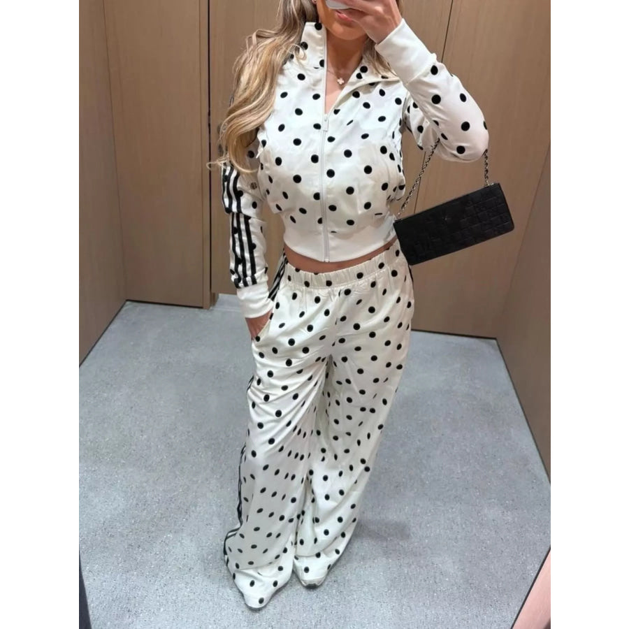 Polka Dot Zip Up Outerwear and Pants Set Apparel and Accessories