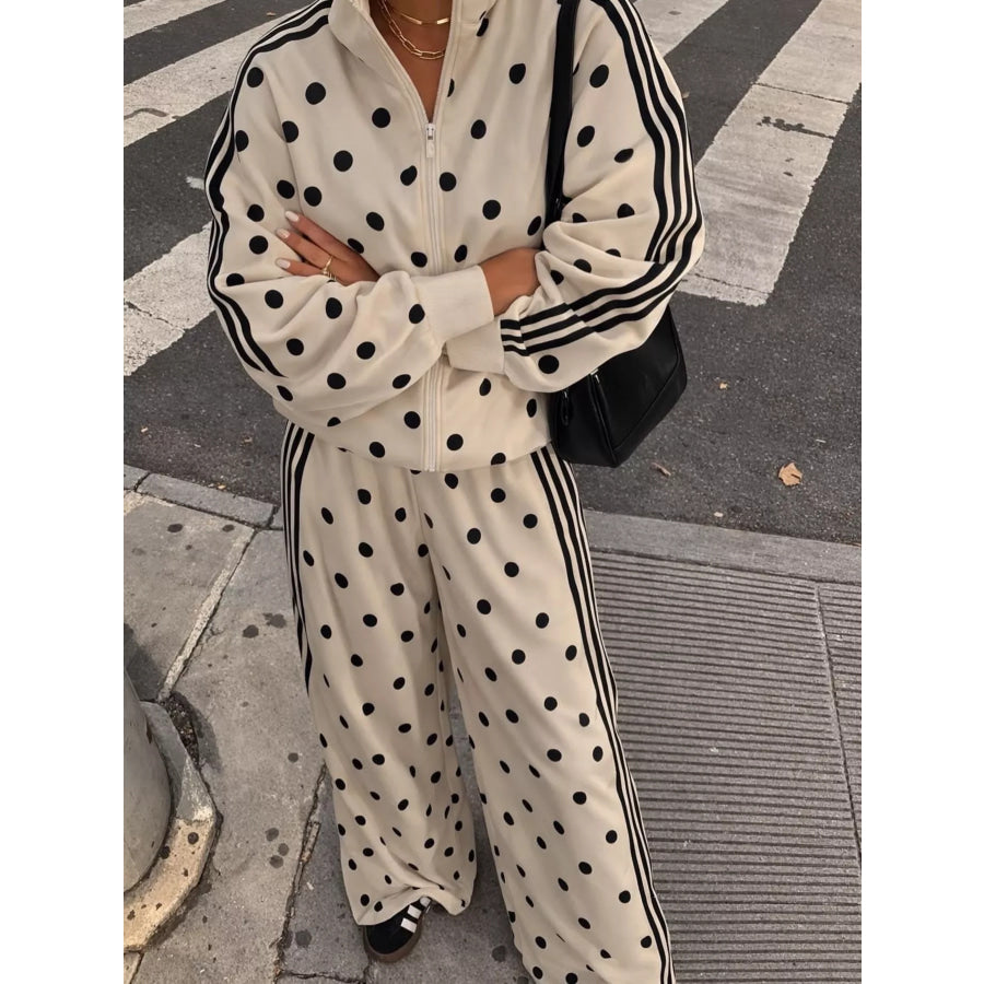 Polka Dot Zip Up Outerwear and Pants Set Apparel and Accessories