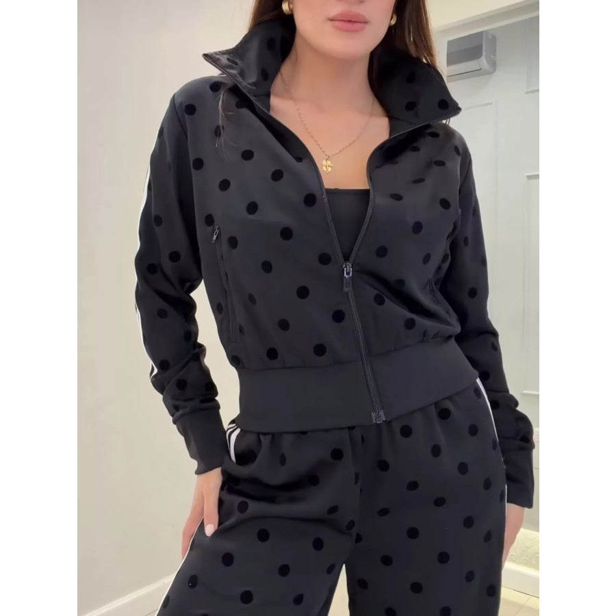 Polka Dot Zip Up Outerwear and Pants Set Apparel and Accessories