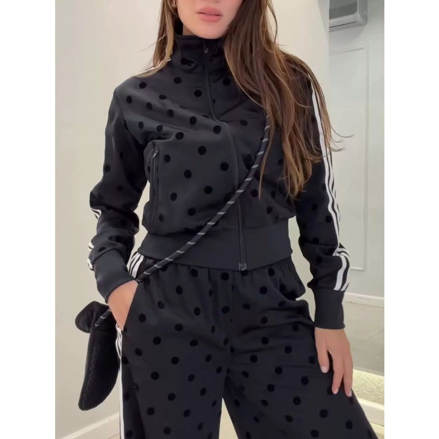 Polka Dot Zip Up Outerwear and Pants Set Black / S Apparel and Accessories