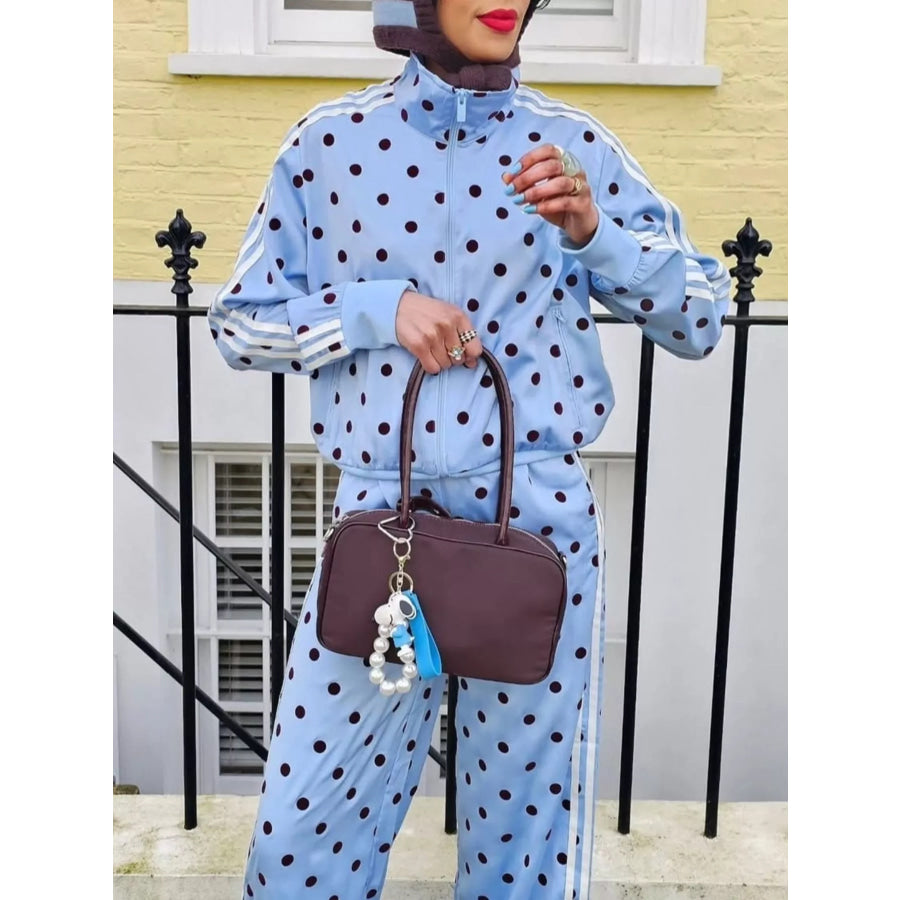 Polka Dot Zip Up Outerwear and Pants Set Sky Blue / S Apparel and Accessories