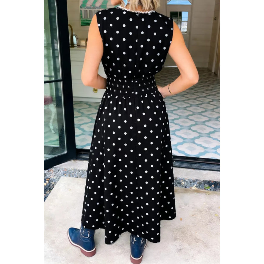 Polka Dot Zipper Front Midi Dress Apparel and Accessories