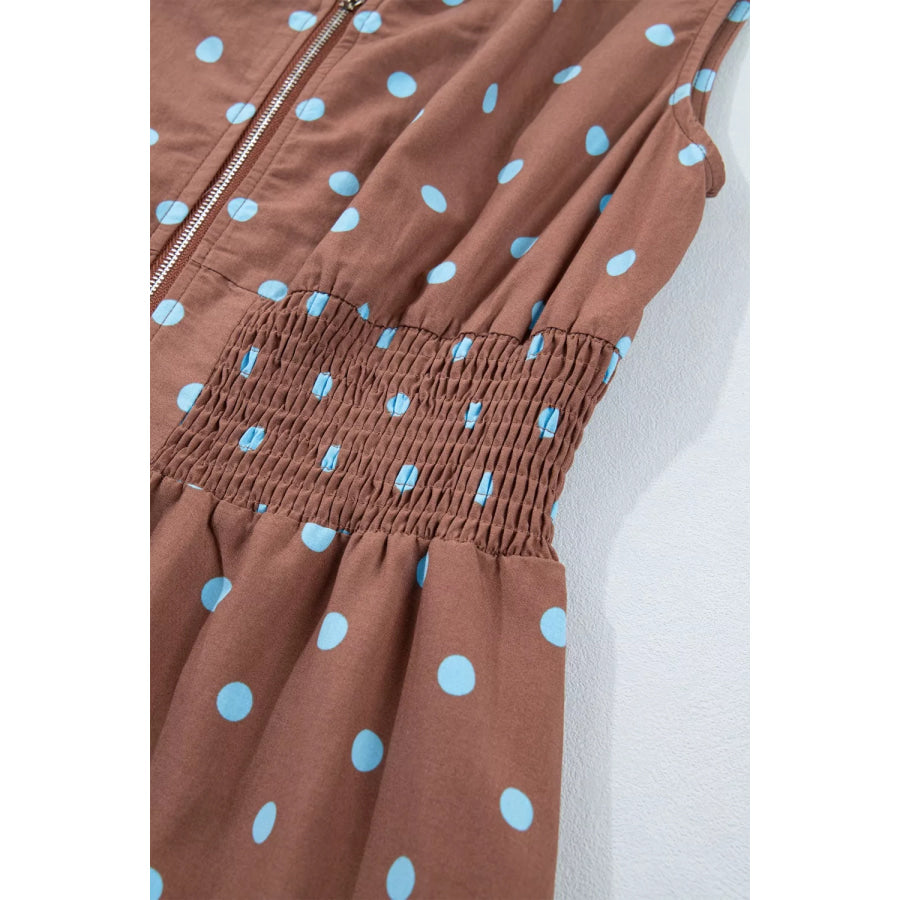 Polka Dot Zipper Front Midi Dress Apparel and Accessories