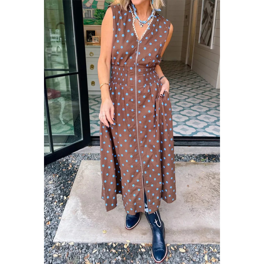 Polka Dot Zipper Front Midi Dress Apparel and Accessories