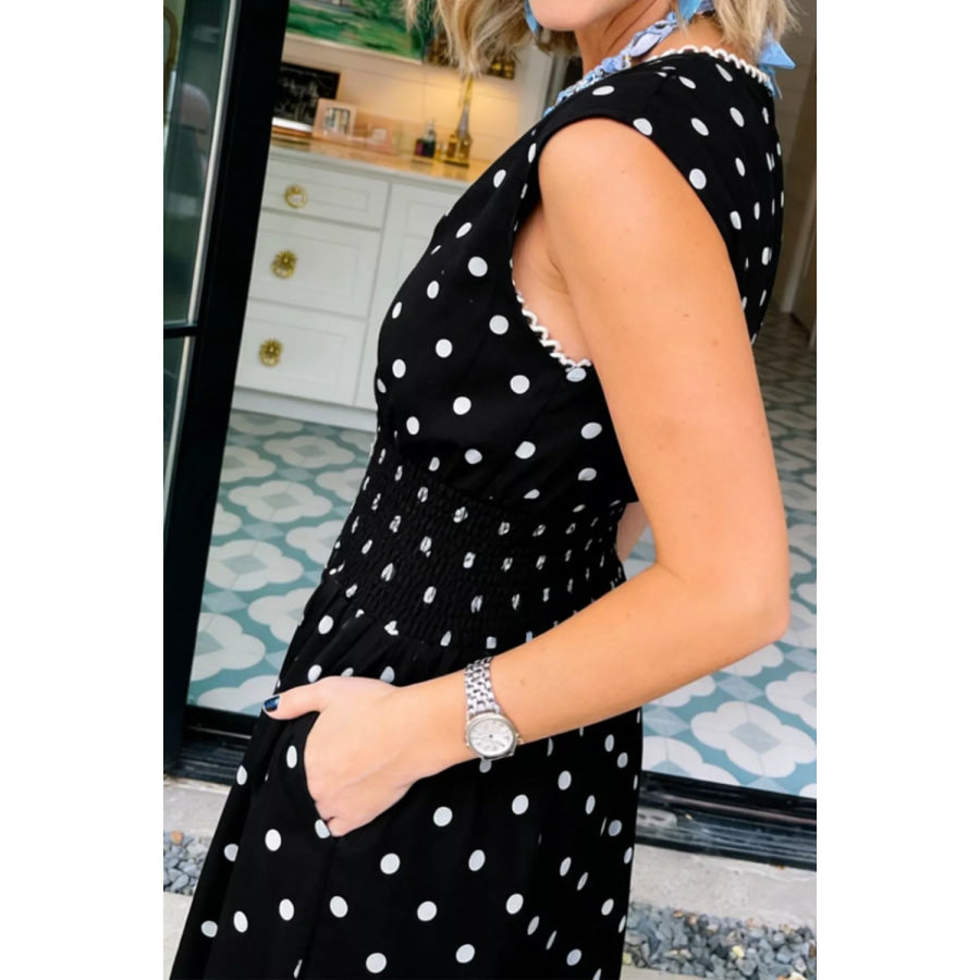 Polka Dot Zipper Front Midi Dress Apparel and Accessories