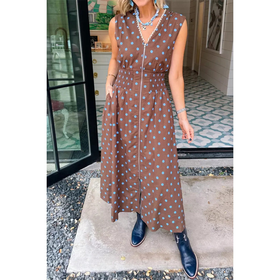 Polka Dot Zipper Front Midi Dress Apparel and Accessories
