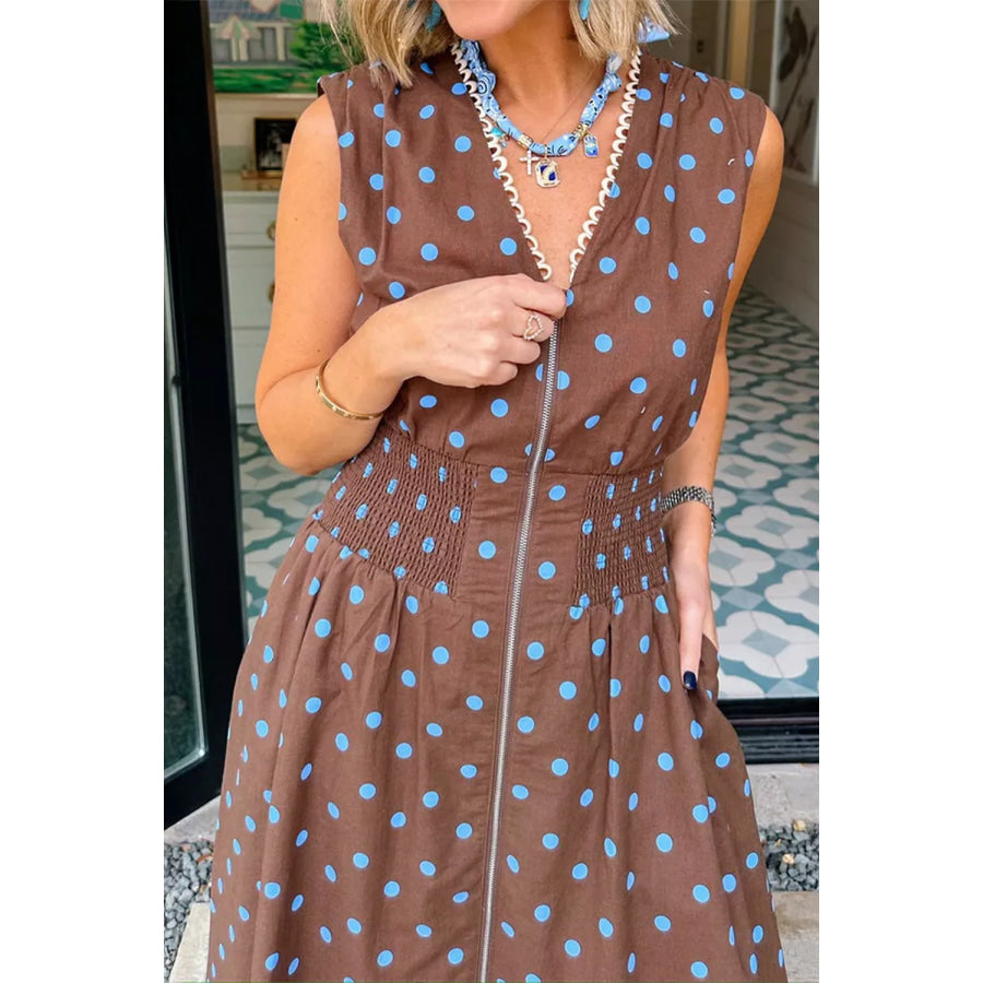 Polka Dot Zipper Front Midi Dress Apparel and Accessories