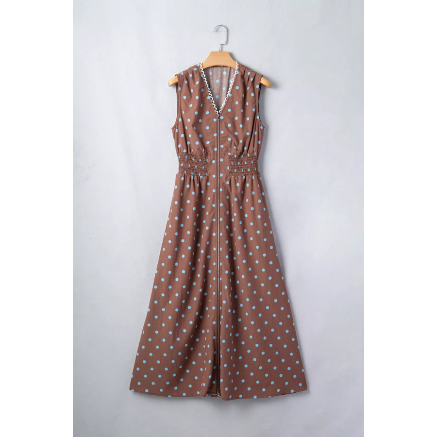 Polka Dot Zipper Front Midi Dress Apparel and Accessories
