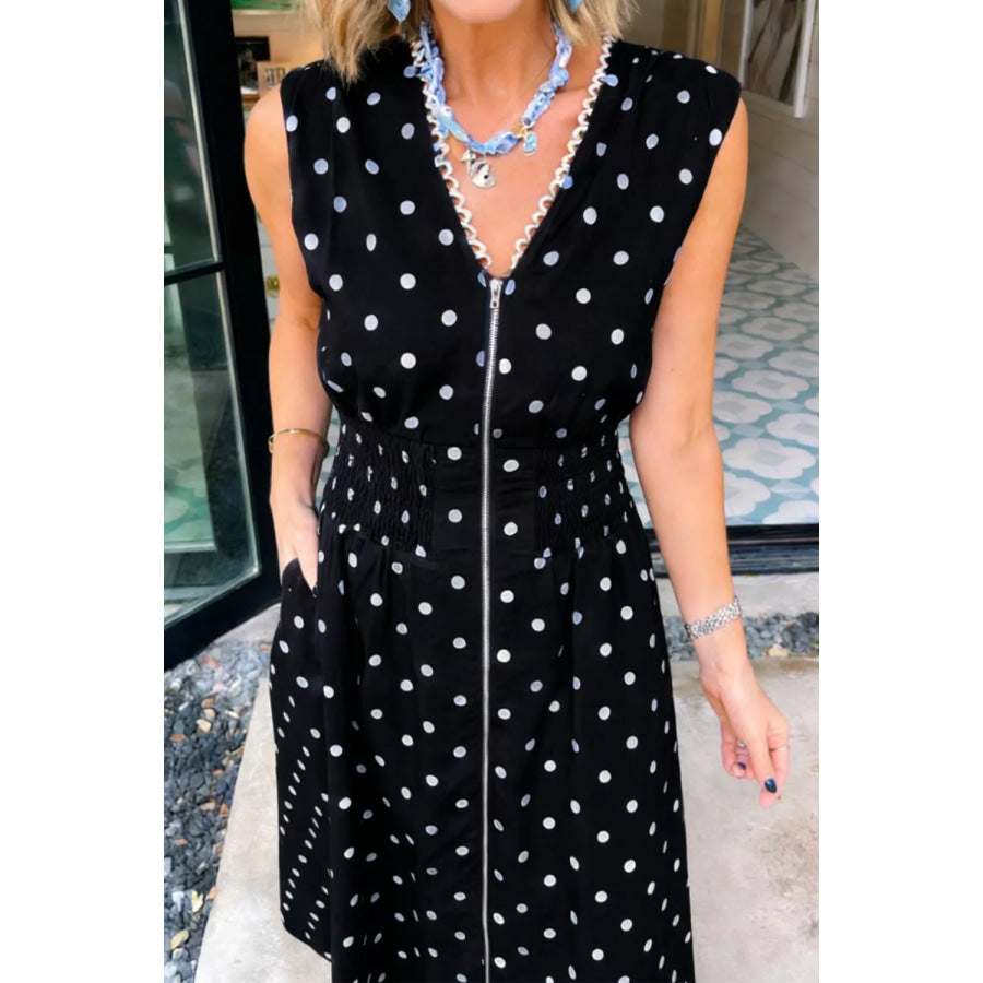 Polka Dot Zipper Front Midi Dress Apparel and Accessories