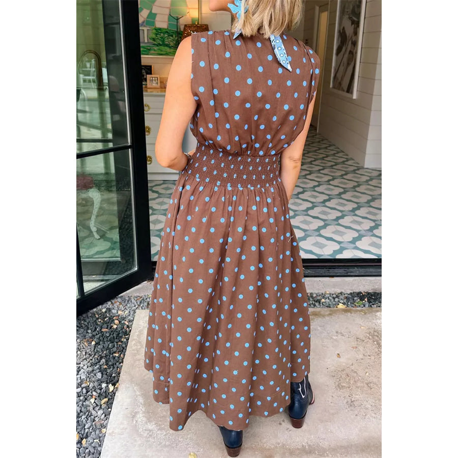 Polka Dot Zipper Front Midi Dress Apparel and Accessories