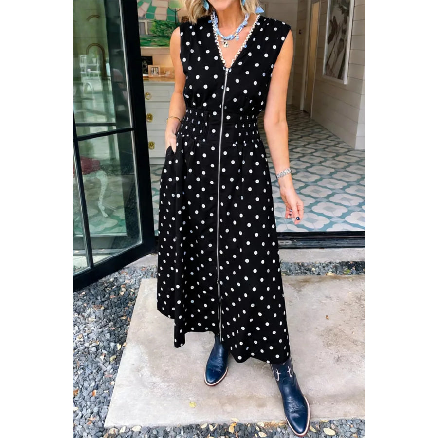 Polka Dot Zipper Front Midi Dress Black / M Apparel and Accessories