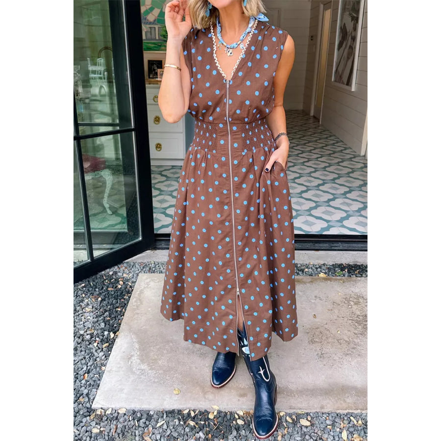Polka Dot Zipper Front Midi Dress Taupe / M Apparel and Accessories