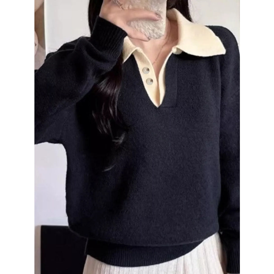 Polo Collar Dropped Shoulder Sweater Apparel and Accessories