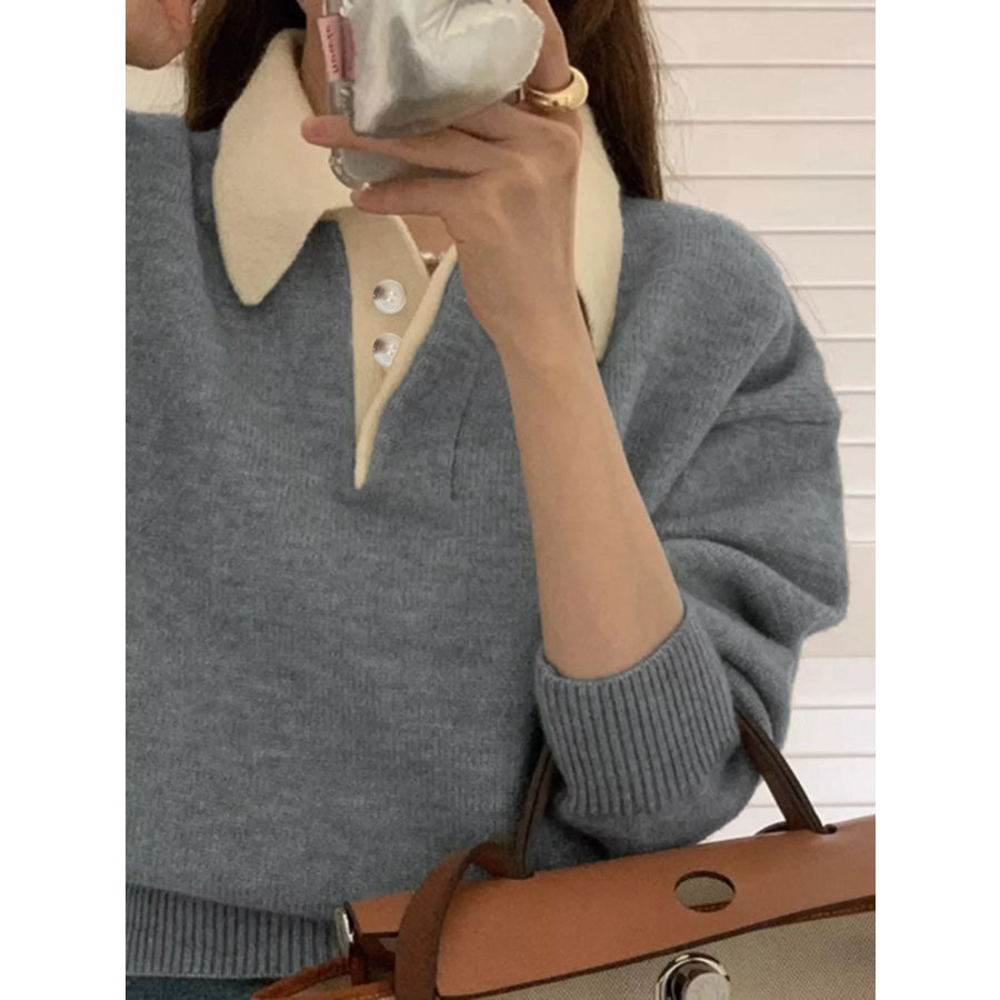 Polo Collar Dropped Shoulder Sweater Apparel and Accessories