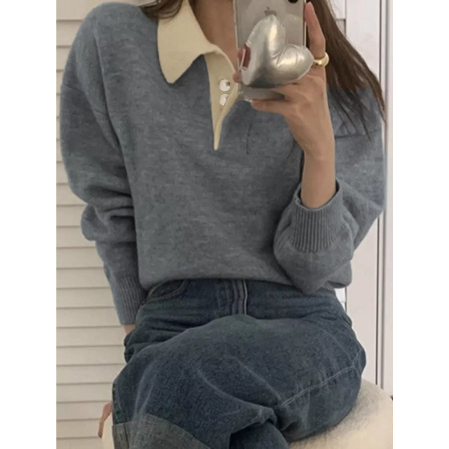 Polo Collar Dropped Shoulder Sweater Apparel and Accessories