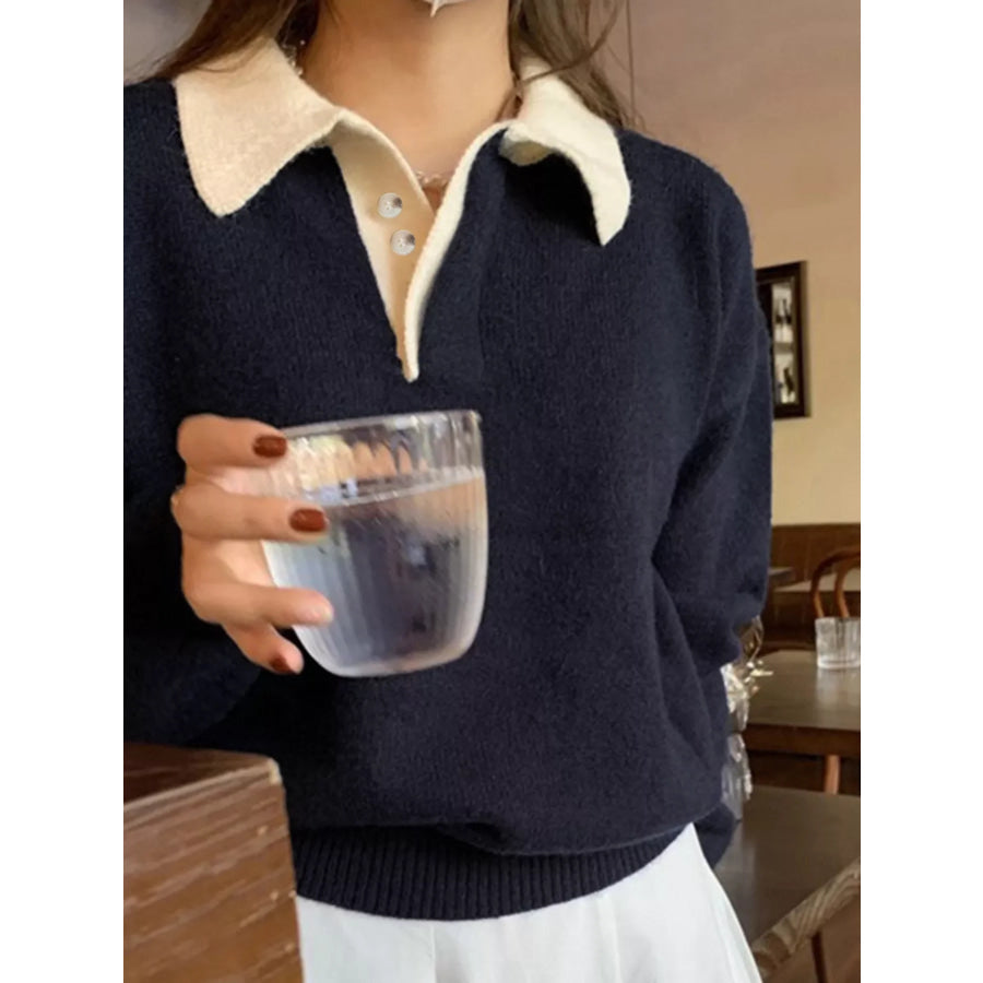 Polo Collar Dropped Shoulder Sweater Apparel and Accessories