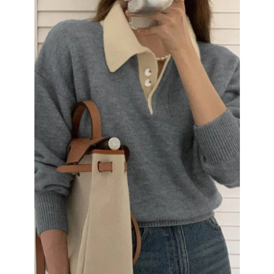 Polo Collar Dropped Shoulder Sweater Gray / One Size Apparel and Accessories